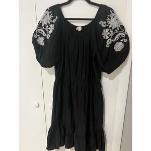 Knox Rose XL Embroidered Dress Medium Womens Black Puff Sleeve Boho Tiered